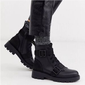 Ugg Noe Combat Moto Leather Black Lug Sole Buckle Boot Women Sz 8 Military Cop